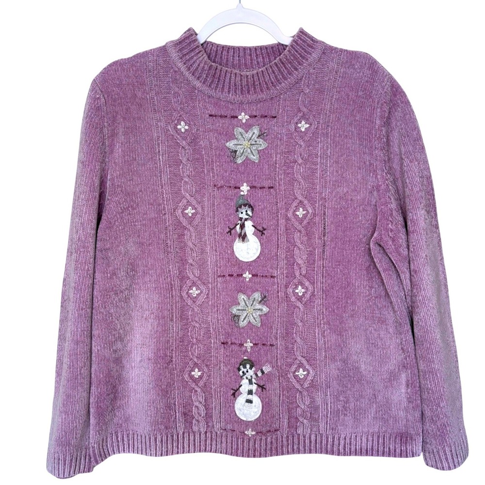 Vtg 90s Alfred Dunner Purple Chenille Knit Sweater M Snowman Cable Coquette
